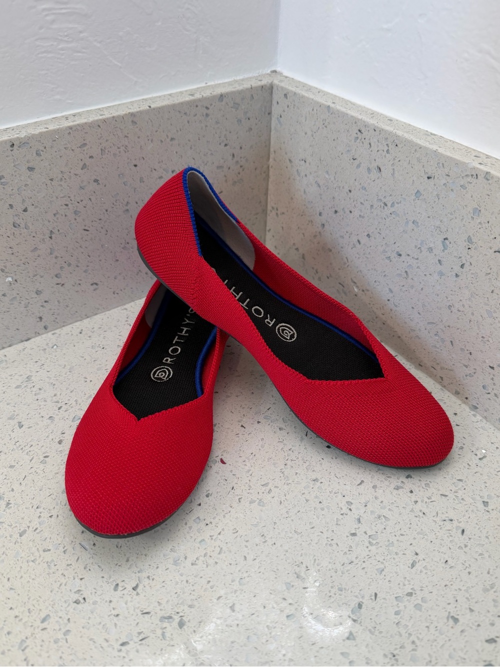 Rothy's Red Knit Ballet Flats with Blue Trim